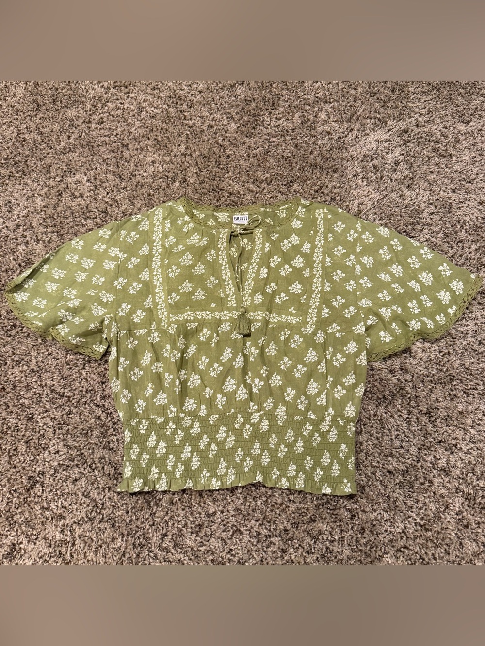 Bila 77 Olive Green Floral Smocked Peasant Blouse